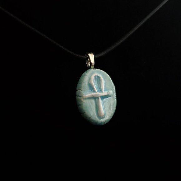 Handmade Ceramic Light Blue Ankh or Key of Life Pendant Necklace - Picture 3 of 14
